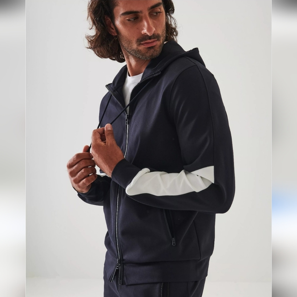 Patrick Assaraf Men’s Black White Hoodie Zip-Up Jacket Size Medium